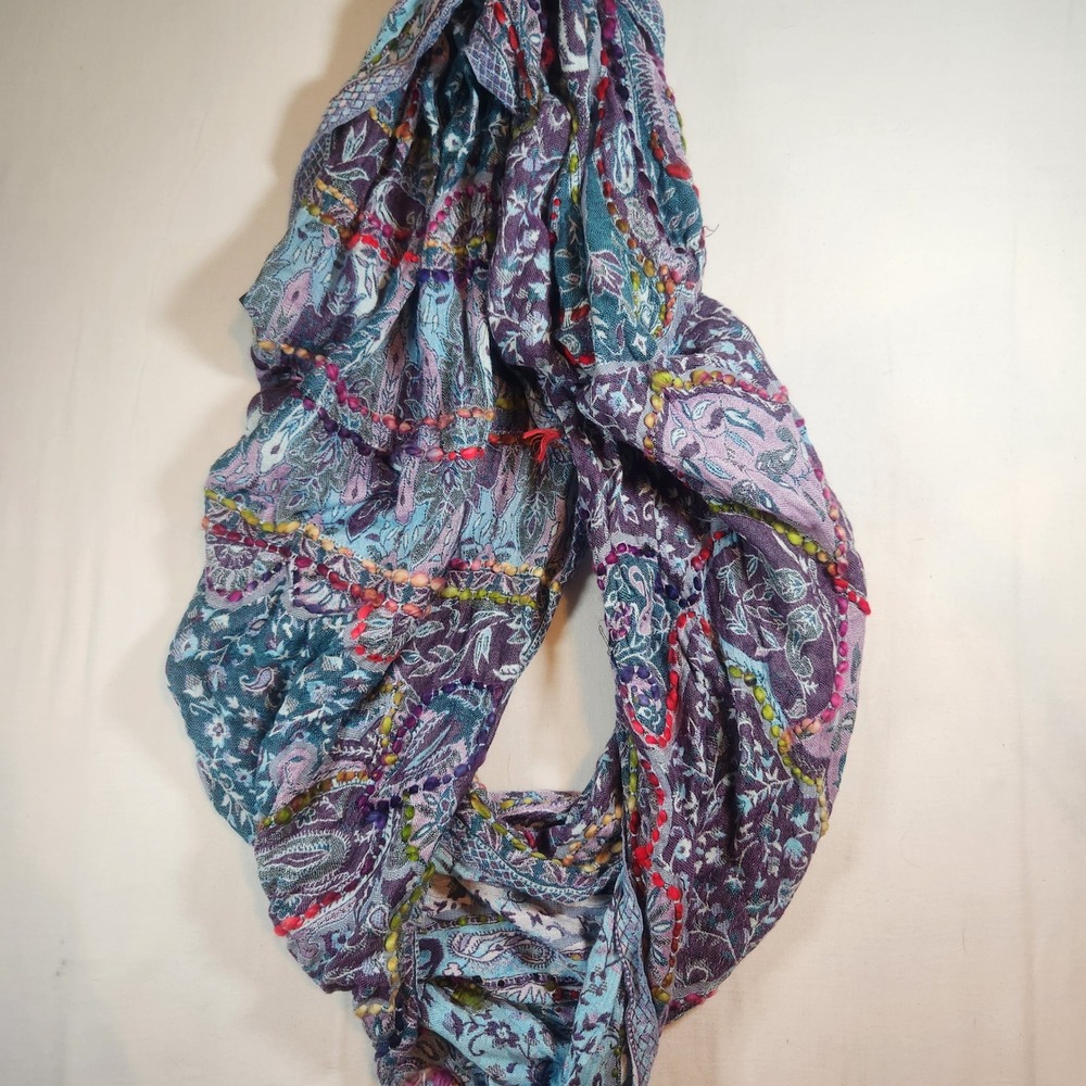 Boho Paisley Infinity Scarf Purple Blue Kantha Embroidered Loop Scarf Floral